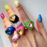 Multicolor Crystal Zircon Heart-Shaped Drop Open Ring for Women