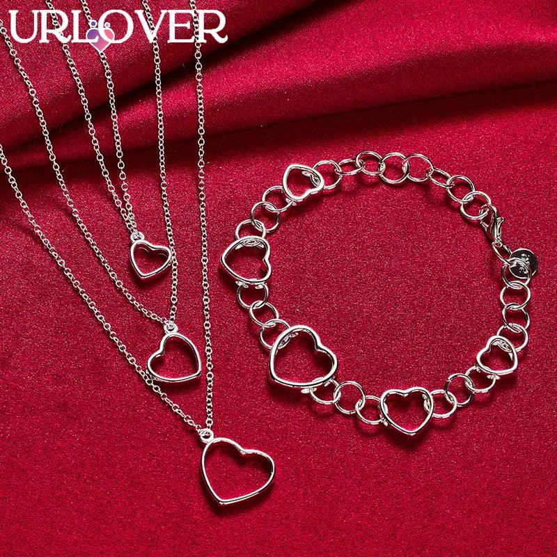 925 Sterling Silver Heart Pendant Chain Necklace Bracelet Set
