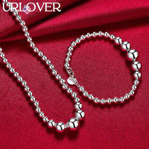 925 Sterling Silver Bead Chain Necklace Bracelet Set for Women