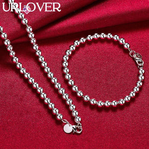 925 Silver Beads Chain Necklace Bracelet Set For Women Party