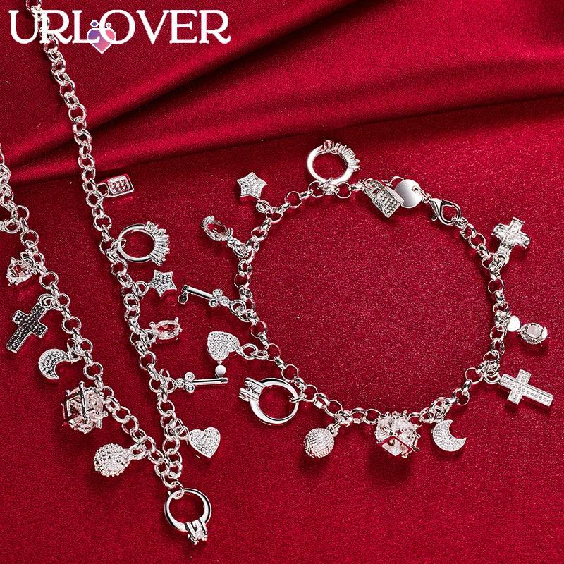 925 Sterling Silver Cross/Lock/Moon Pendant Set Jewelry