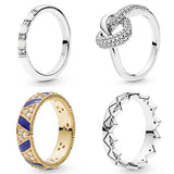 925 Silver Ring Golden Shine Stones Stripes Knotted Heart Symbol Love