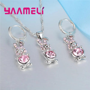 Pink Rabbit Pendant Necklace Earrings Sets 925 Sterling Silver Jewelry for Women