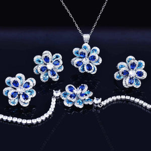 925 Silver Camellia Jewelry Set CZ Stone Wedding Rings Earring Necklace