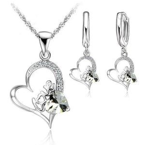 925 Silver LOVE IN HEART CZ Pendant Necklace Earrings Set
