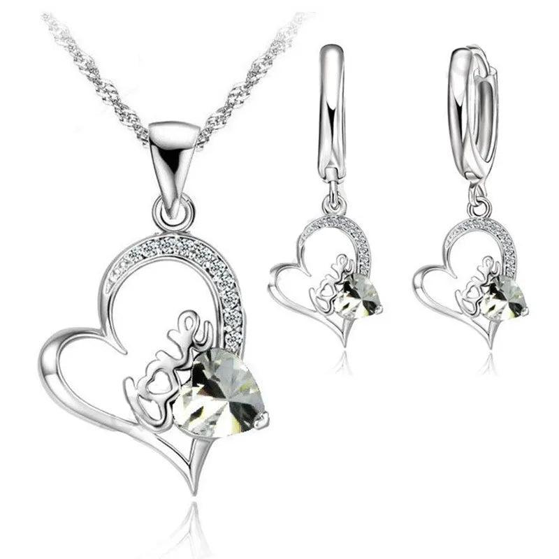 925 Silver LOVE IN HEART CZ Pendant Necklace Earrings Set