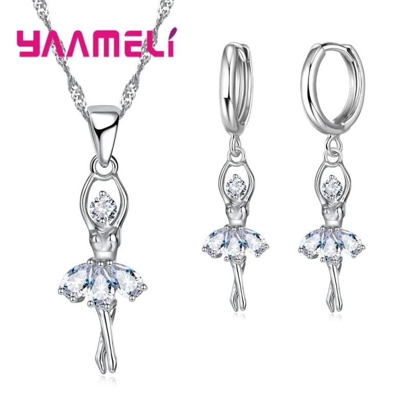 Ballet Dancer Pendant Necklace Earrings Set 925 Sterling Silver Cubic Zircon