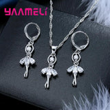 Ballet Dancer Pendant Necklace Earrings Set 925 Sterling Silver Cubic Zircon