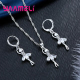 Ballet Dancer Pendant Necklace Earrings Set 925 Sterling Silver Cubic Zircon