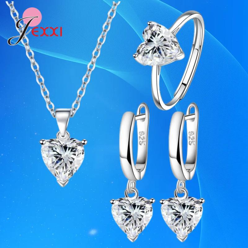 Heart Zircon Huggie Earrings Pendant Necklace Ring Set