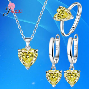 Heart Zircon Huggie Earrings Pendant Necklace Ring Set