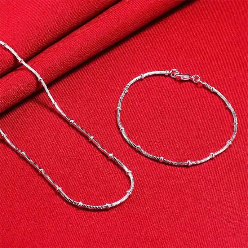925 Sterling Silver Fine Beads Snake Bone Chain Jewelry Set