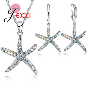 Starfish Necklace & Earrings Set 925 Silver CZ Jewelry