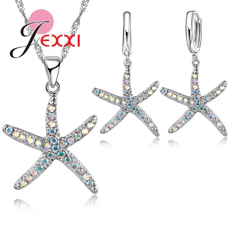 Starfish Necklace & Earrings Set 925 Silver CZ Jewelry