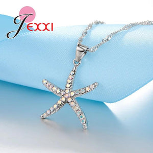 Starfish Necklace & Earrings Set 925 Silver CZ Jewelry