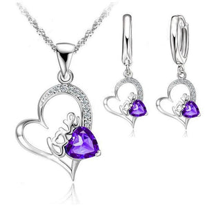 Purple Crystal Love Heart Jewelry Set 925 Silver CZ Pendant Necklace Earrings