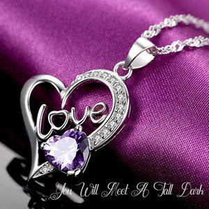 Purple Crystal Love Heart Jewelry Set 925 Silver CZ Pendant Necklace Earrings