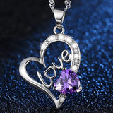 Purple Crystal Love Heart Jewelry Set 925 Silver CZ Pendant Necklace Earrings
