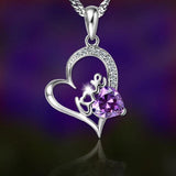 Purple Crystal Love Heart Jewelry Set 925 Silver CZ Pendant Necklace Earrings