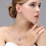 Purple Crystal Love Heart Jewelry Set 925 Silver CZ Pendant Necklace Earrings
