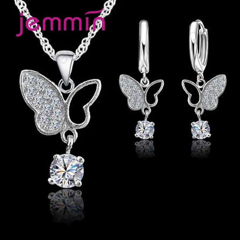 Zircon Crystal Butterfly Pendant Necklace Earrings Set
