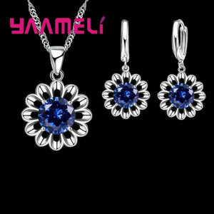 925 Silver Flower CZ Pendant Necklace Earrings Set