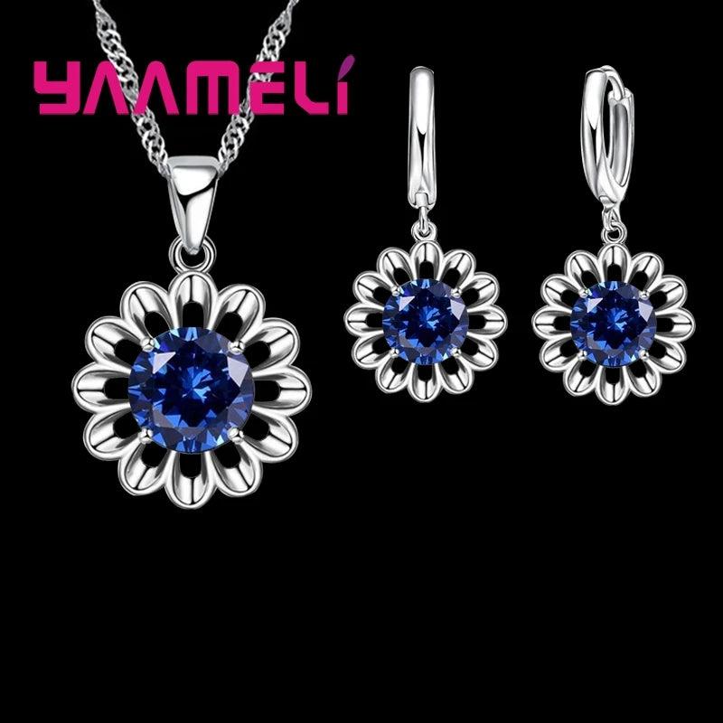 925 Silver Flower CZ Pendant Necklace Earrings Set