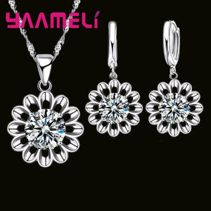 925 Silver Flower CZ Pendant Necklace Earrings Set