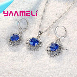 925 Silver Flower CZ Pendant Necklace Earrings Set