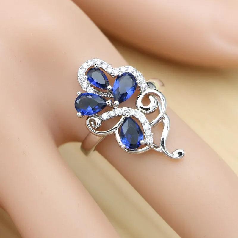 Sapphire Crystal Pendant Necklace Ring Earrings Set