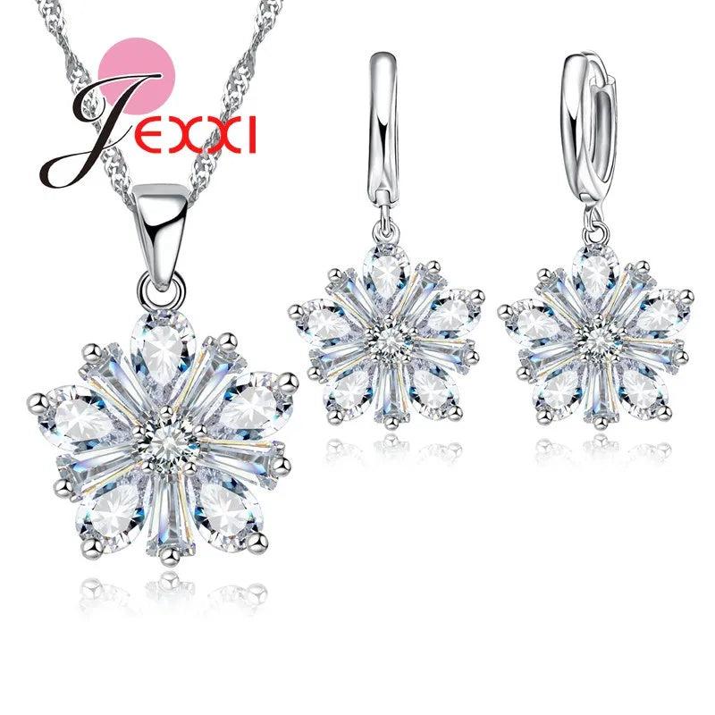Flower Austrian Crystal 925 Silver Necklace Earring Set