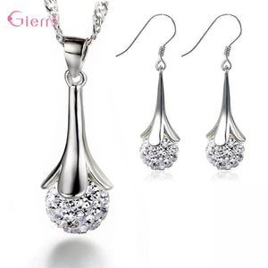 925 Silver Crystal Pendant Chain Necklace Drop Earring Set