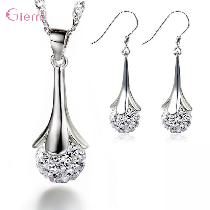 925 Silver Crystal Pendant Chain Necklace Drop Earring Set