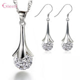 925 Silver Crystal Pendant Chain Necklace Drop Earring Set