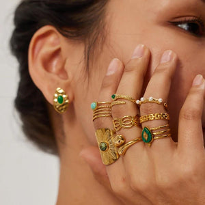 Plated Stainless Steel Malachite Vintage Ring Women's Engagement Kpop Accessorie