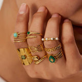 Plated Stainless Steel Malachite Vintage Ring Women's Engagement Kpop Accessorie