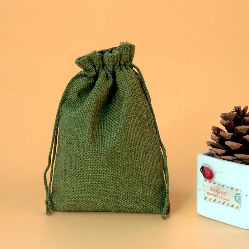 10pcs Olive Green Jute Bag Drawstring Gift Incense Storage Linen Bags