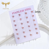 12 Pairs 3mm Pink Zircon Earrings Set Crystal Stud Earings Stainless Steel