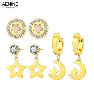 Stainless Steel Star Moon Crystal Earrings Set for Women