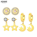 Stainless Steel Star Moon Crystal Earrings Set for Women