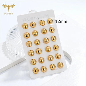 12 Pairs Minimalist Half Ball Earrings for Women Men Golden Stainless Steel Set