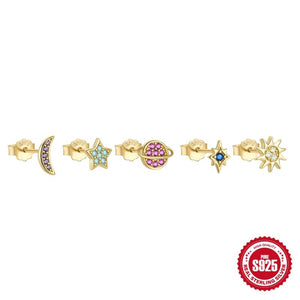 S925 Colorful Zircon Star Moon Stud Earrings Set