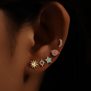 S925 Colorful Zircon Star Moon Stud Earrings Set