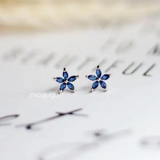 Real Money 14K Zircon Flower Stud Earrings Sterling Silver Piercing Earring