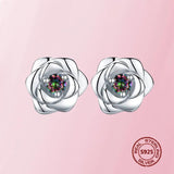 925 Silver Rose Flower Stud Earrings Round Women Jewelry Gift