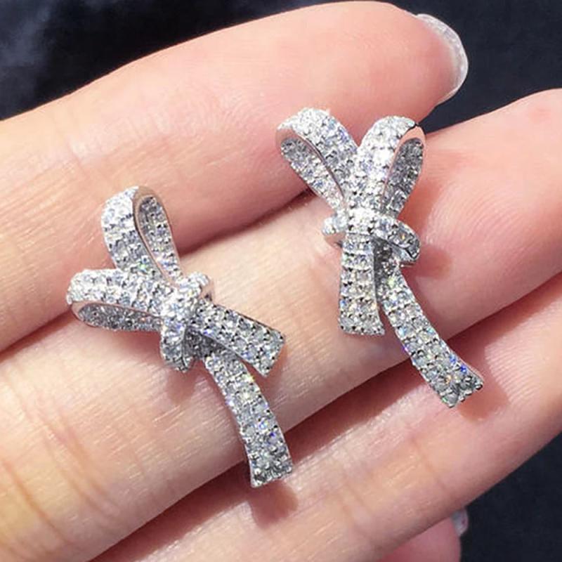 Sparkling Bow Stud Earrings Cubic Zirconia Ear Earrings for Women Wedding