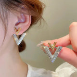 Korean/Japanese Zirconia V Stud Earrings Crystal Jewelry for Women