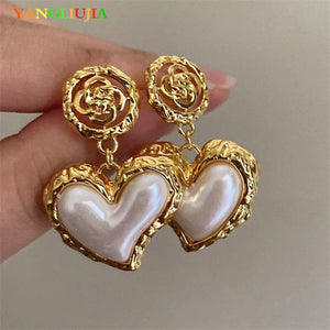 Flower Heart Earrings French Retro Women Jewelry Wedding