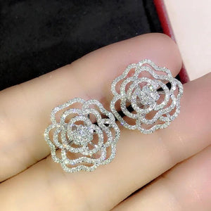 Hollow Flower CZ Stud Earrings for Women Bling Bling Party Jewelry