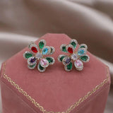Korean 14K Plated Zircon Double-Layer Flower Earrings for Women